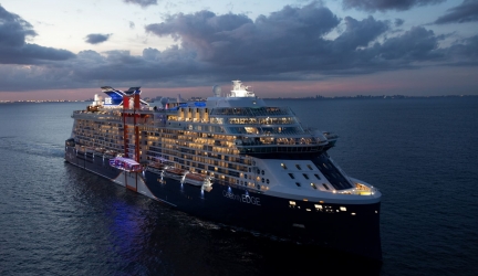 Aerial shot of the Celebrity Edge at night